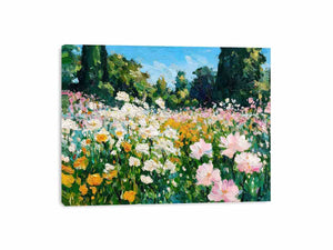 Impressionist wildflower meadow painting with pink, white and yellow flowers, lush green trees and blue sky for living room decor.
