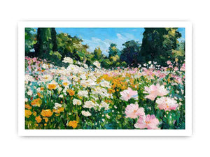 Impressionist wildflower meadow painting with pink, white and yellow flowers, lush green trees and blue sky for living room decor.