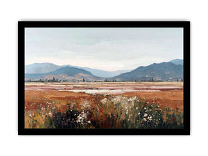 Impressionist mountain meadow painting with golden grasses, white wildflowers and distant blue mountains for living room decor.