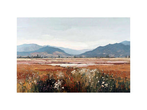 Impressionist mountain meadow painting with golden grasses, white wildflowers and distant blue mountains for living room decor.