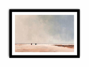Minimalist landscape painting of two cows on pale earthy plains beneath a vast misty gray sky for modern living room decor.
