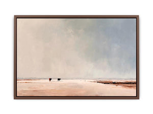 Minimalist landscape painting of two cows on pale earthy plains beneath a vast misty gray sky for modern living room decor.
