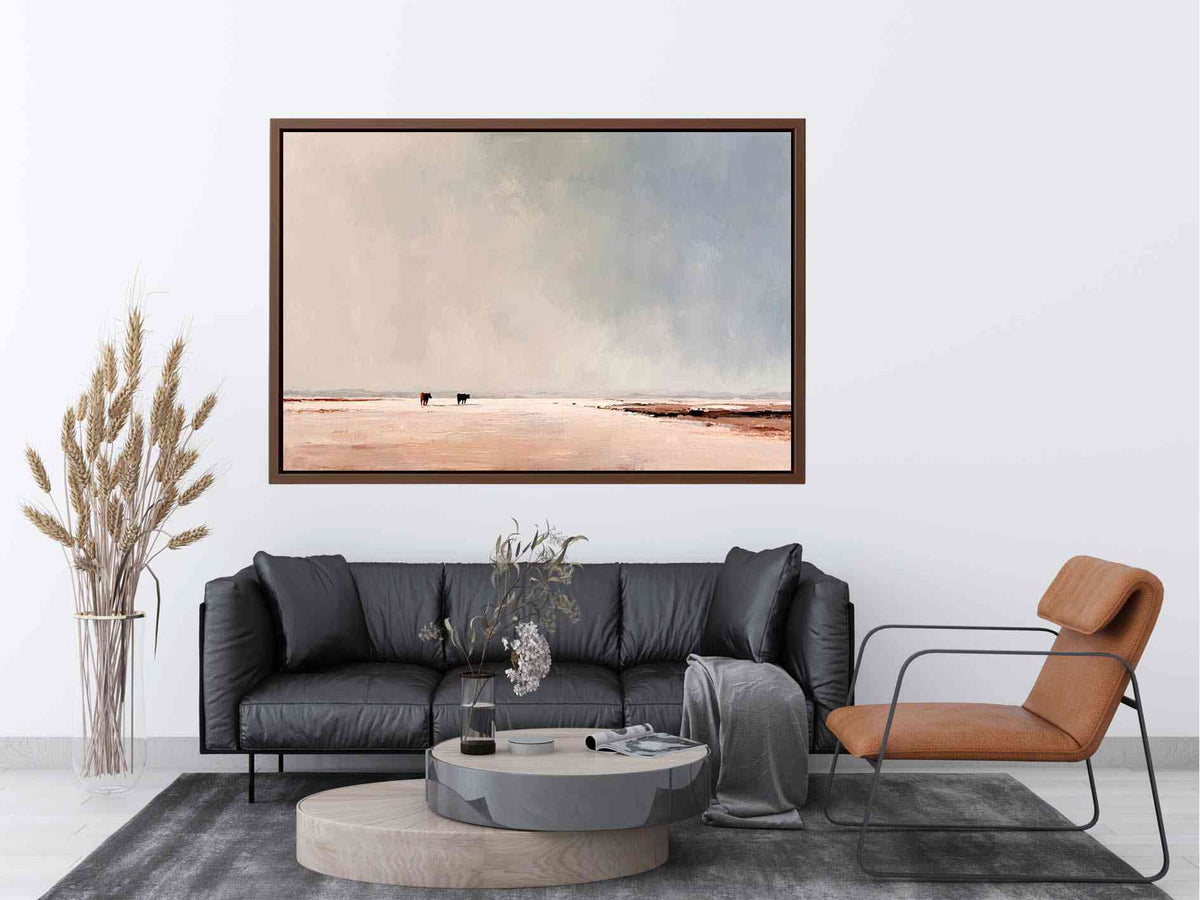 Minimalist landscape painting of two cows on pale earthy plains beneath a vast misty gray sky for modern living room decor.