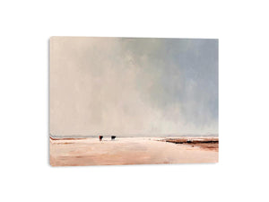 Minimalist landscape painting of two cows on pale earthy plains beneath a vast misty gray sky for modern living room decor.