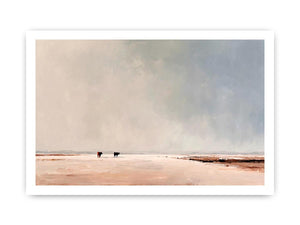 Minimalist landscape painting of two cows on pale earthy plains beneath a vast misty gray sky for modern living room decor.