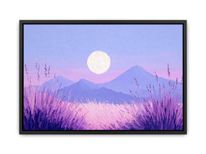 Dreamy purple mountain landscape painting with a glowing full moon, lavender grasses and pastel pink sky for bedroom decor.