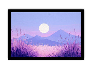 Dreamy purple mountain landscape painting with a glowing full moon, lavender grasses and pastel pink sky for bedroom decor.