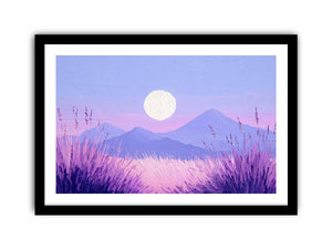 Dreamy purple mountain landscape painting with a glowing full moon, lavender grasses and pastel pink sky for bedroom decor.