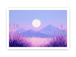 Dreamy purple mountain landscape painting with a glowing full moon, lavender grasses and pastel pink sky for bedroom decor.