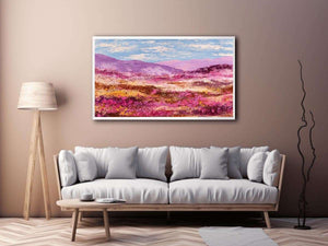 Impressionist pink mountain landscape with magenta wildflowers, golden meadows and lavender peaks for modern living room decor.