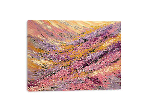 Abstract impressionist floral meadow painting with pink blossoms, golden yellow fields and lavender brushstrokes for living room decor.