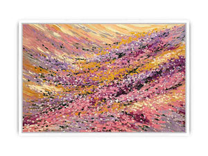 Abstract impressionist floral meadow painting with pink blossoms, golden yellow fields and lavender brushstrokes for living room decor.
