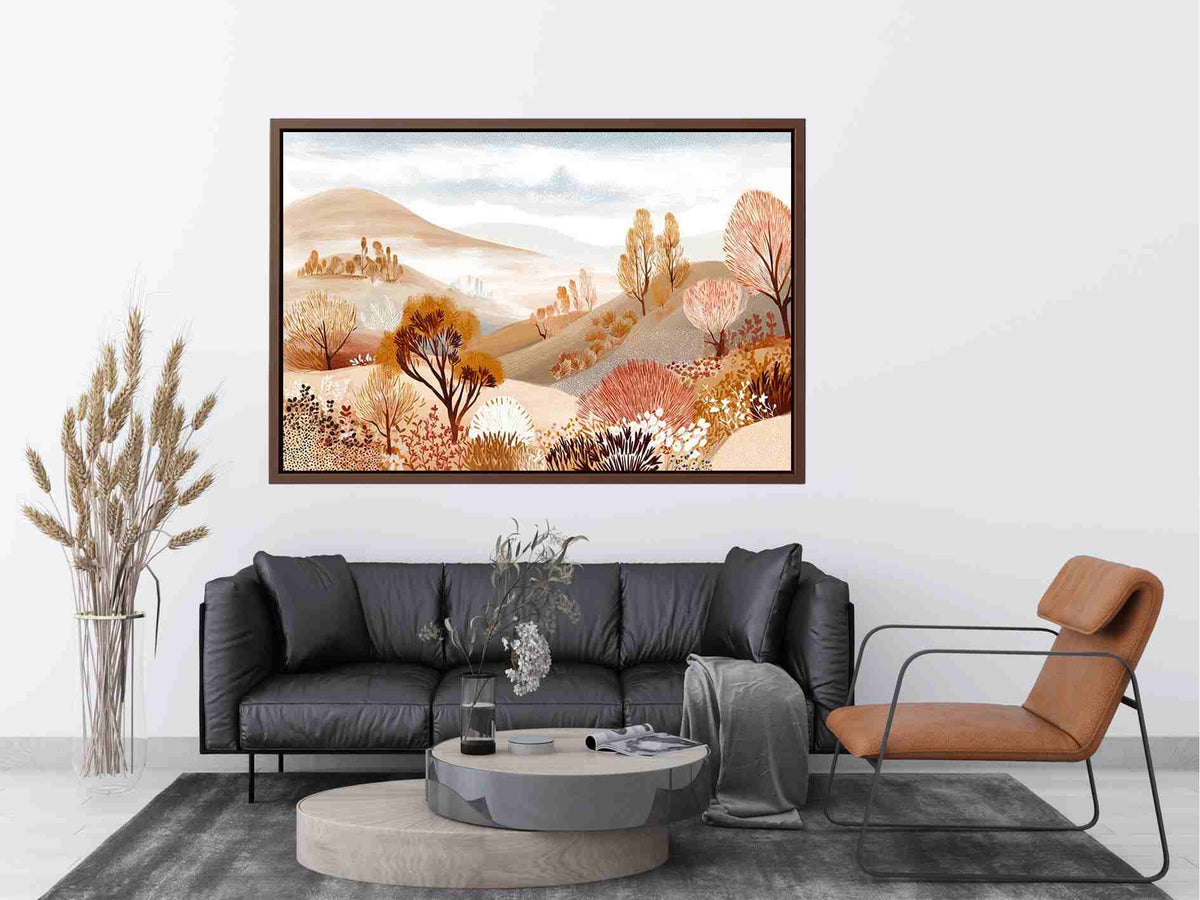 Neutral autumn landscape illustration with rolling beige hills, golden trees and rust foliage for modern living room decor.
