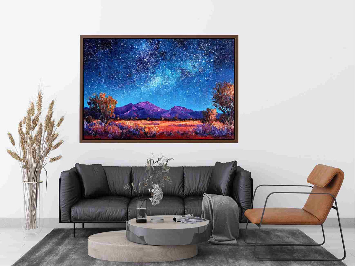 Impressionist Milky Way painting with star-filled blue night sky, purple mountains and golden desert grasses for living room decor.
