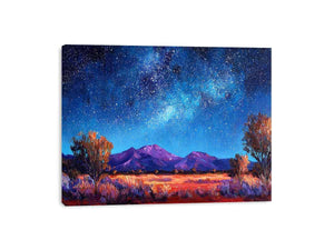 Impressionist Milky Way painting with star-filled blue night sky, purple mountains and golden desert grasses for living room decor.