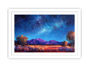 Impressionist Milky Way painting with star-filled blue night sky, purple mountains and golden desert grasses for living room decor.