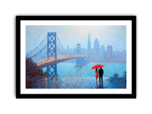 Impressionist San Francisco Bay Bridge painting with a couple beneath a red umbrella, misty skyline and rainy blue waterfront.