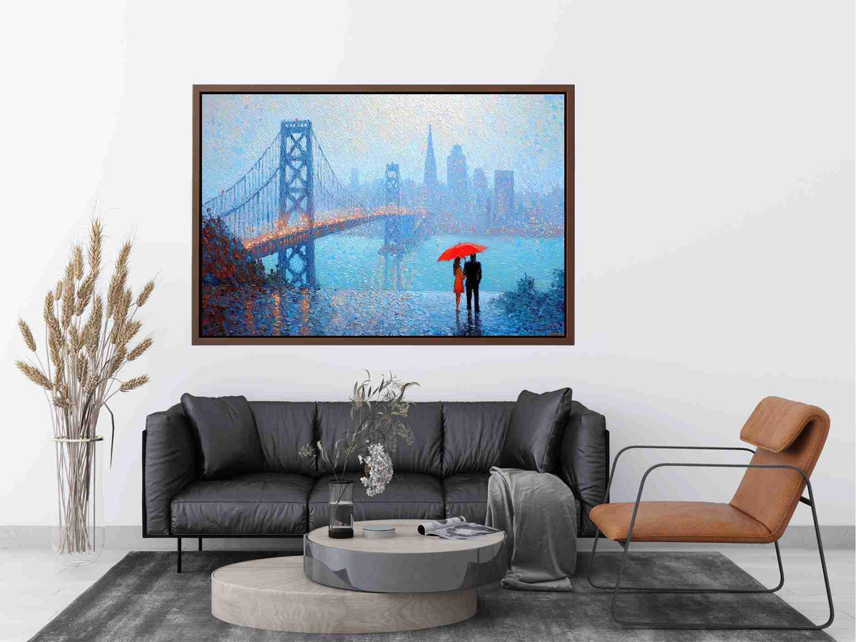 Impressionist San Francisco Bay Bridge painting with a couple beneath a red umbrella, misty skyline and rainy blue waterfront.