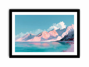 Pastel alpine landscape painting with pink snow-covered mountains, turquoise lake and blue sky for modern bedroom decor.
