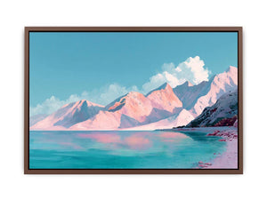 Pastel alpine landscape painting with pink snow-covered mountains, turquoise lake and blue sky for modern bedroom decor.
