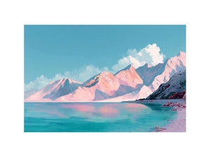 Pastel alpine landscape painting with pink snow-covered mountains, turquoise lake and blue sky for modern bedroom decor.