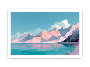 Pastel alpine landscape painting with pink snow-covered mountains, turquoise lake and blue sky for modern bedroom decor.