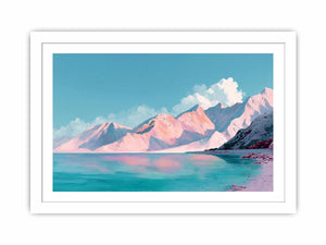 Pastel alpine landscape painting with pink snow-covered mountains, turquoise lake and blue sky for modern bedroom decor.