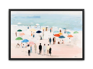 Impressionist beach scene with colorful umbrellas, people strolling on pale sand and calm turquoise ocean for living room decor.