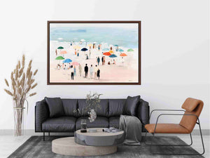 Impressionist beach scene with colorful umbrellas, people strolling on pale sand and calm turquoise ocean for living room decor.