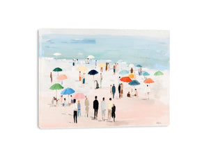 Impressionist beach scene with colorful umbrellas, people strolling on pale sand and calm turquoise ocean for living room decor.