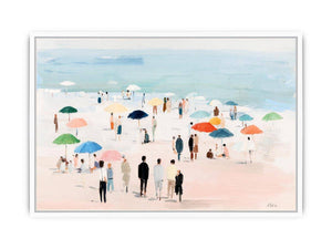 Impressionist beach scene with colorful umbrellas, people strolling on pale sand and calm turquoise ocean for living room decor.