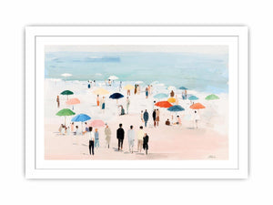 Impressionist beach scene with colorful umbrellas, people strolling on pale sand and calm turquoise ocean for living room decor.