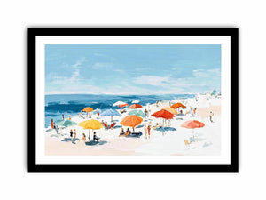 Impressionist beach painting with colorful orange and yellow umbrellas, sunbathers, white sand and blue ocean for coastal decor.