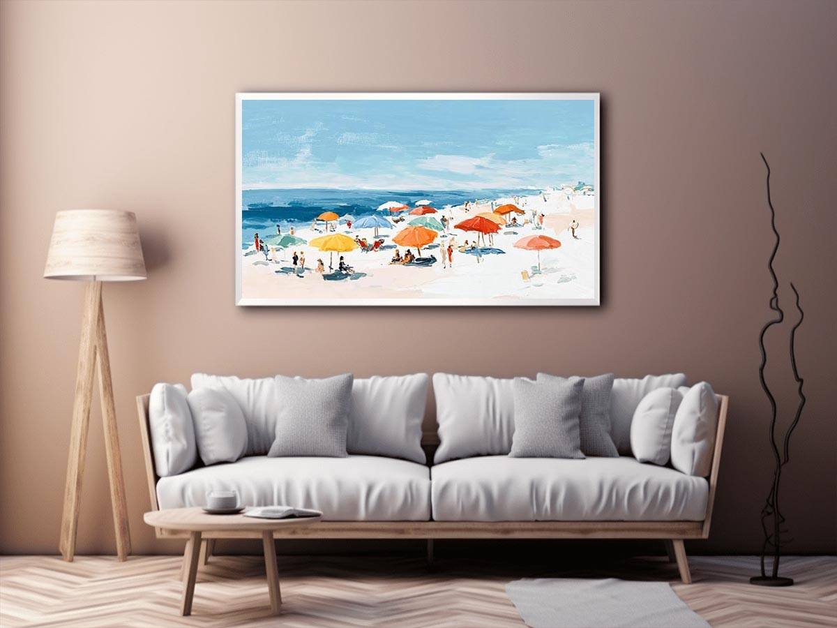 Impressionist beach painting with colorful orange and yellow umbrellas, sunbathers, white sand and blue ocean for coastal decor.