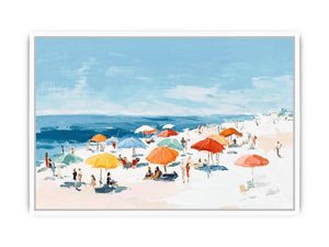 Impressionist beach painting with colorful orange and yellow umbrellas, sunbathers, white sand and blue ocean for coastal decor.