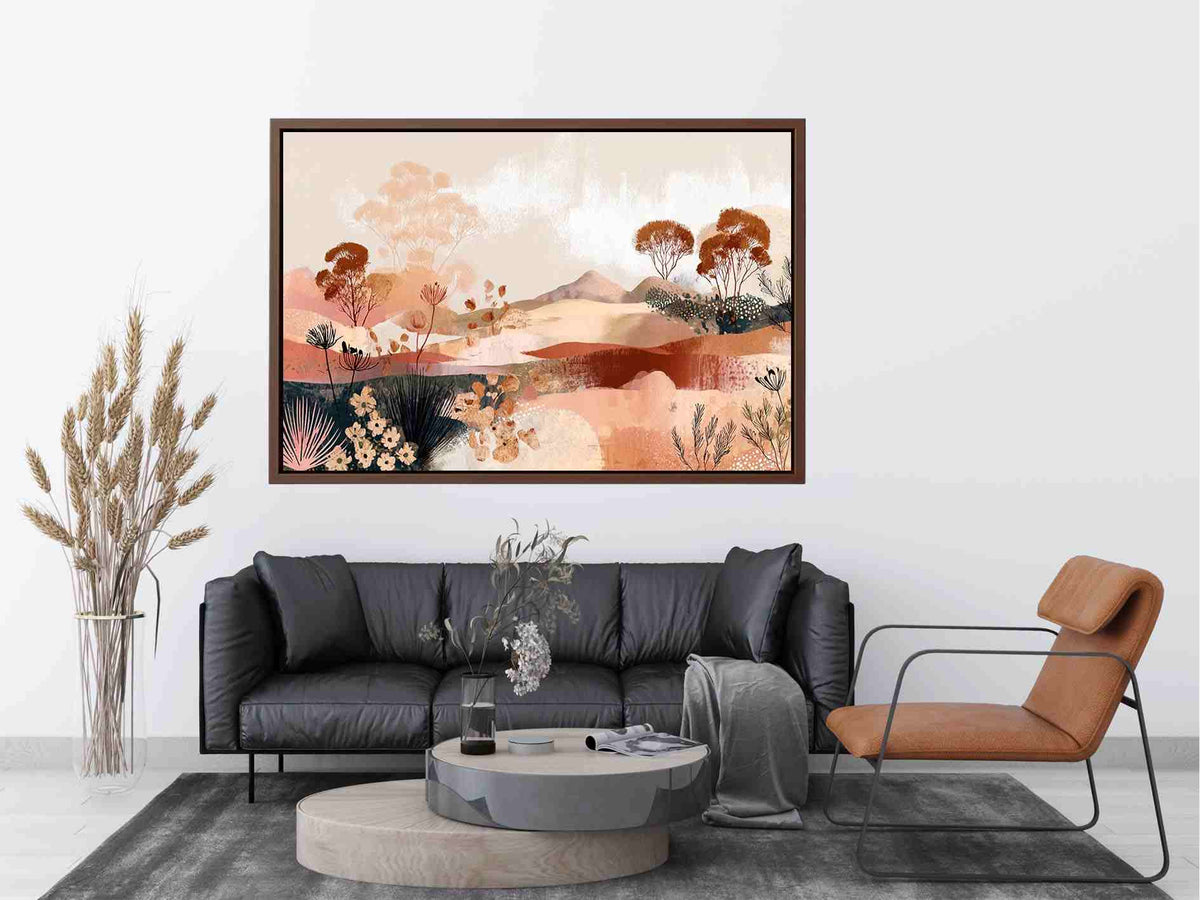 Abstract desert botanical artwork in earthy tones for modern bedroom decor
