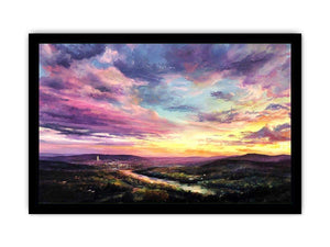 Colorful sunset landscape canvas art with river and city lights for modern living room decor.