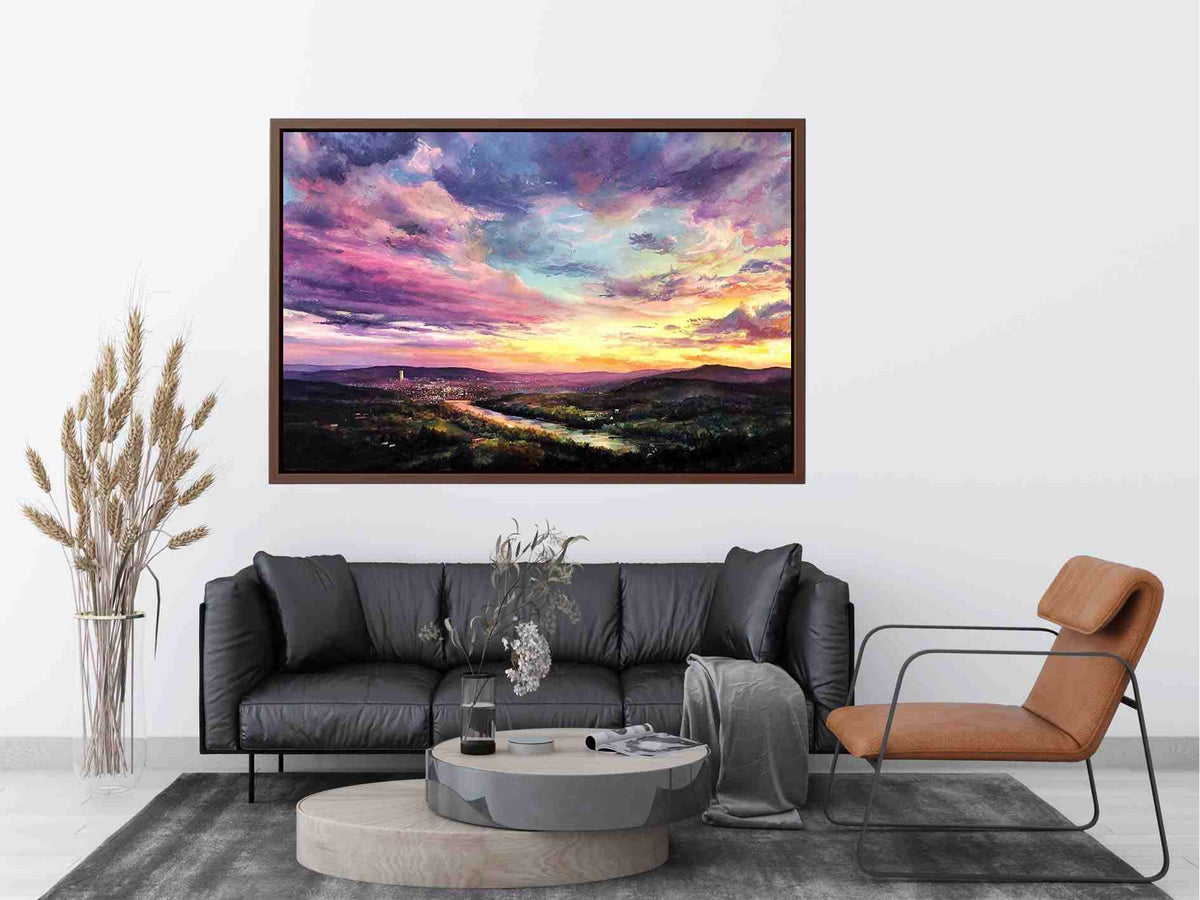 Colorful sunset landscape canvas art with river and city lights for modern living room decor.