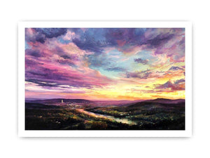 Colorful sunset landscape canvas art with river and city lights for modern living room decor.