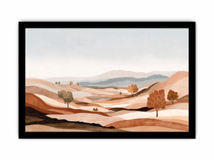 Earth tone desert landscape canvas art with hills and trees for calm modern living room decor.