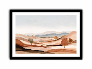 Earth tone desert landscape canvas art with hills and trees for calm modern living room decor.