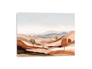 Earth tone desert landscape canvas art with hills and trees for calm modern living room decor.