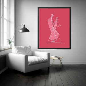Modern white line art dancing couple on pink canvas for stylish bedroom or hallway decor.