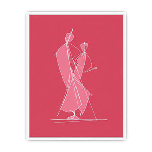 Modern white line art dancing couple on pink canvas for stylish bedroom or hallway decor.