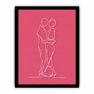 Romantic couple line art canvas with white drawing on pink background for modern bedroom decor.