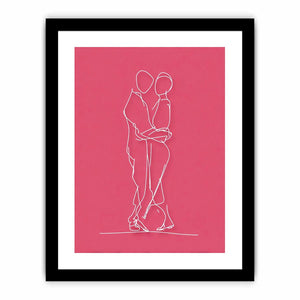Romantic couple line art canvas with white drawing on pink background for modern bedroom decor.