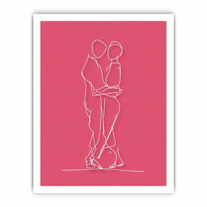 Romantic couple line art canvas with white drawing on pink background for modern bedroom decor.