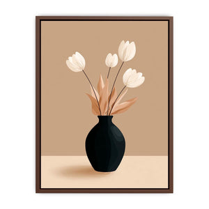 Minimalist black vase with white flowers canvas art for neutral modern bedroom decor.