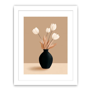 Minimalist black vase with white flowers canvas art for neutral modern bedroom decor.