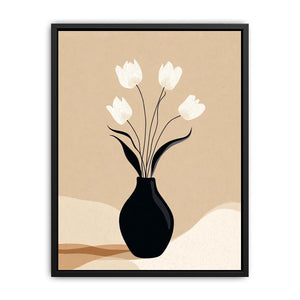 Neutral tulip vase canvas art with black vase and white flowers for calm bedroom decor.